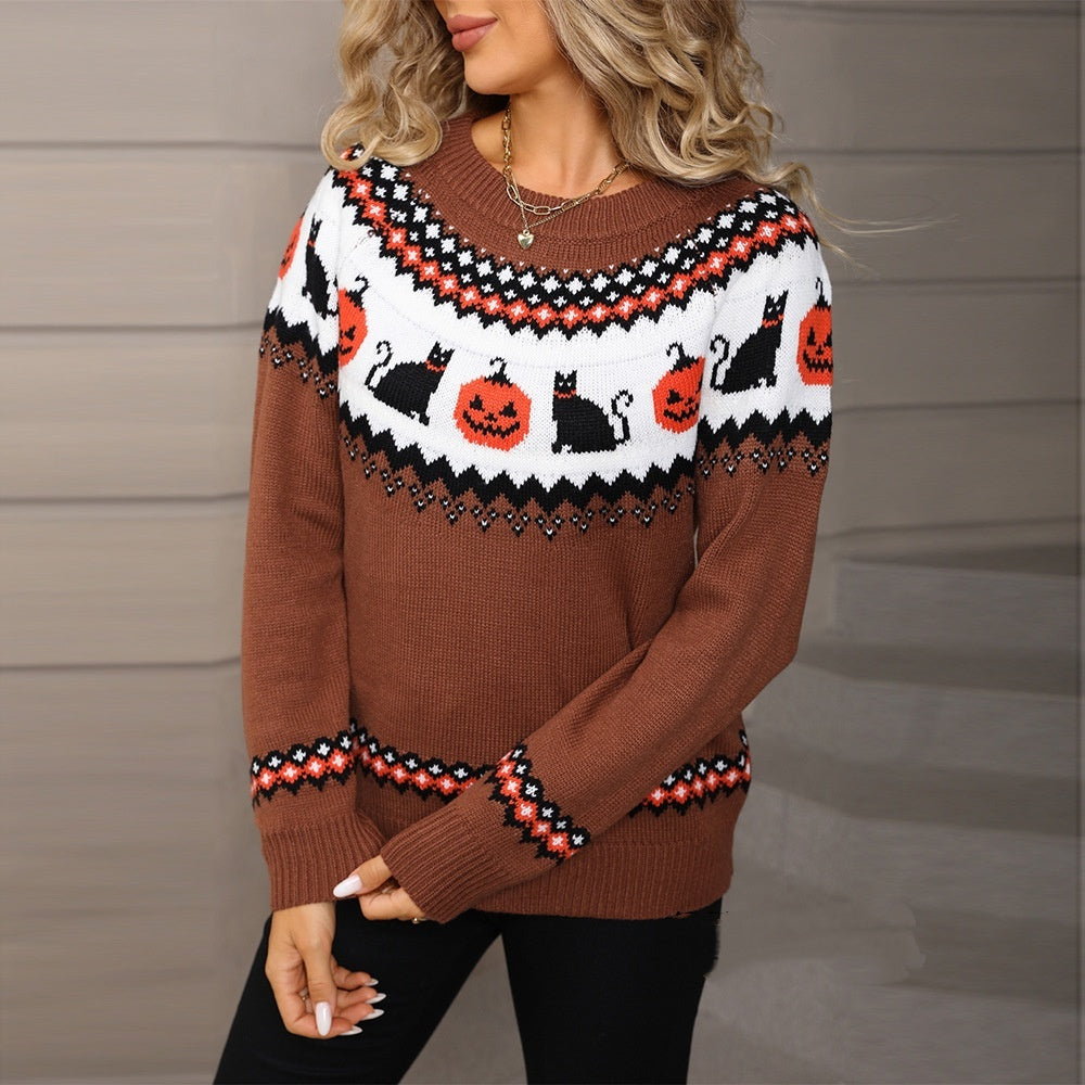 Pull Tricoté "Esprit d'Halloween" – Chaleur et style jacquard avec citrouilles et chats noirs.