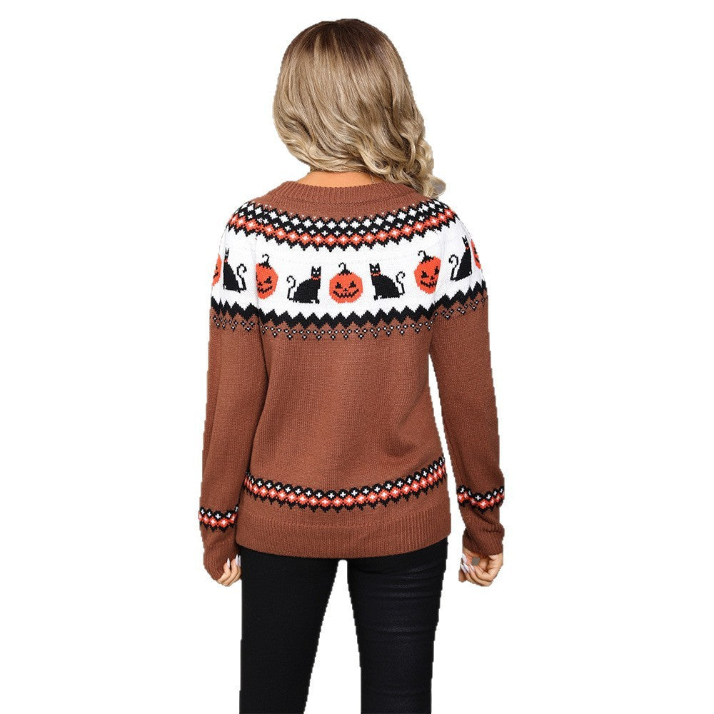 Pull Tricoté "Esprit d'Halloween" – Chaleur et style jacquard avec citrouilles et chats noirs.