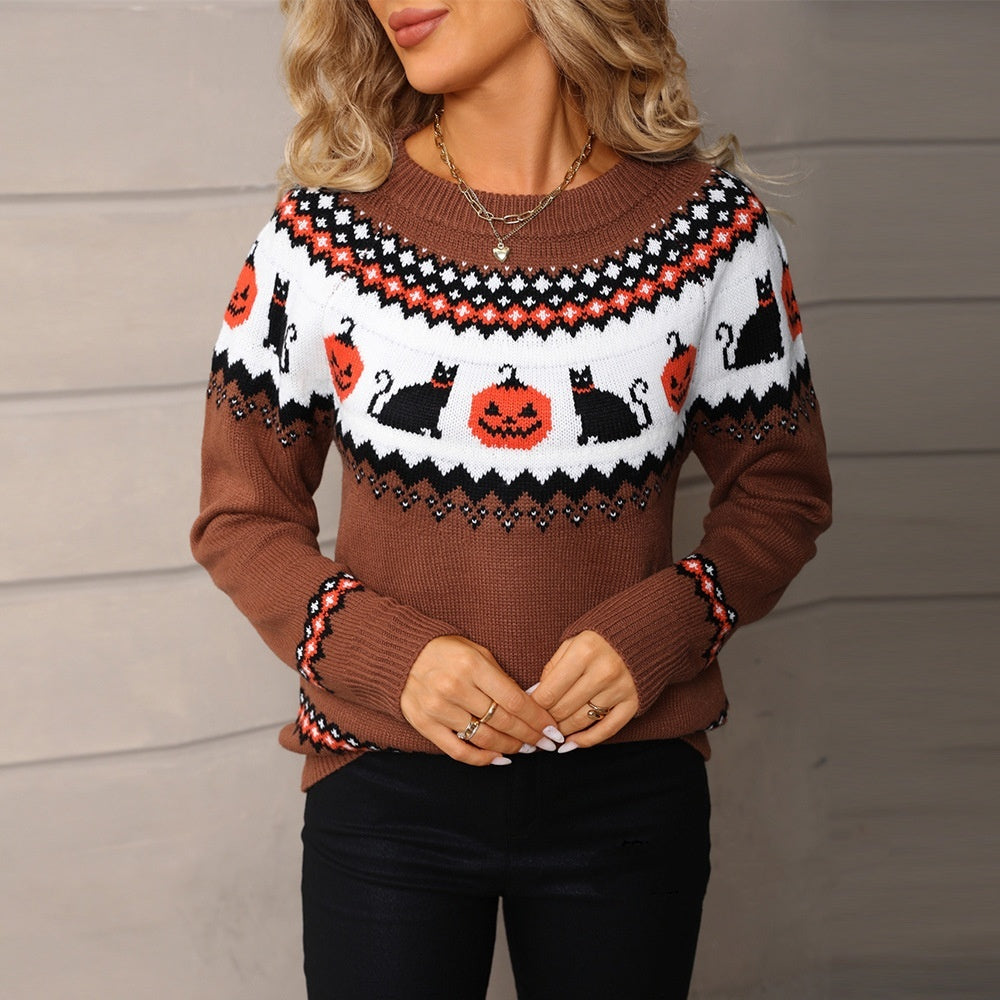 Pull Tricoté "Esprit d'Halloween"  – Chaleur et style jacquard avec citrouilles et chats noirs.
